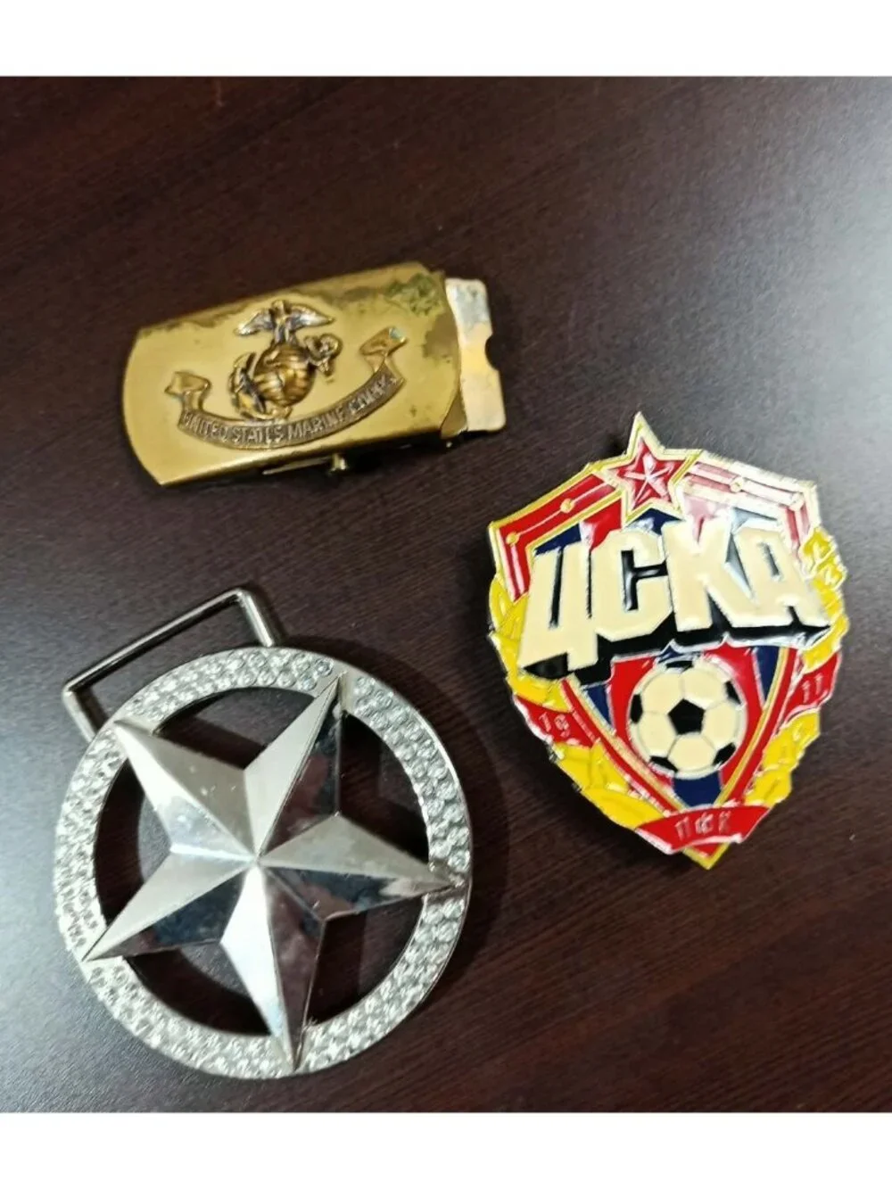 Vintage 3-piece collectible belt buckle lot featuring military, Soviet/Russian